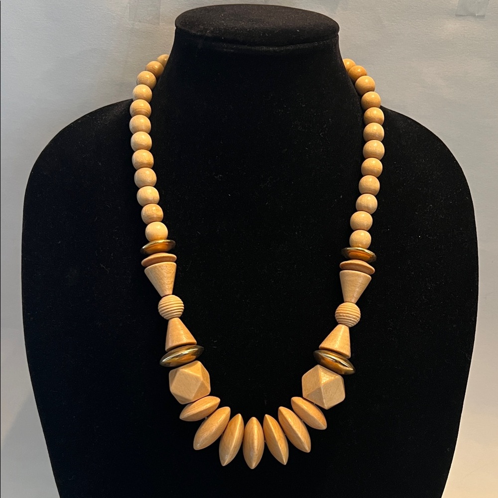 Vintage natural wood Beaded Necklace with various size beads fun Casual look